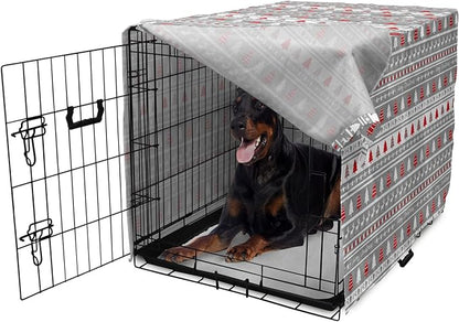 Ambesonne Christmas Dog Crate Cover, Xmas Border Deers Trees and Merry Christmas Lettering Bows Bells Image, Easy to Use Pet Kennel Cover for Medium Large Dogs, 42 Inch, Grey White and Red