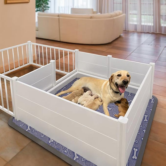 Whelping Box,Whelping Box for Dogs with Washable Puppy Pads, Double Rooms Whelping Pen for Large Breed Dogs,Indoor Whelping Kit for Puppies Birth,White,96"x48"x19.5"
