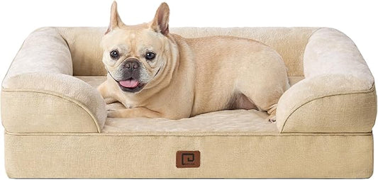 EHEYCIGA Orthopedic Dog Bed for Medium Dogs, Waterproof Memory Foam Medium Dog Beds with Sides, Non-Slip Bottom and Egg-Crate Foam Medium Dog Couch Bed with Washable Removable Cover, Greige