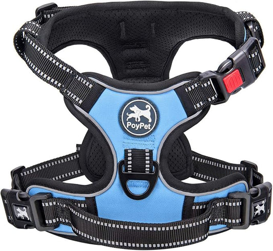 PoyPet No Pull Dog Harness, No Choke Front Lead Dog Reflective Harness, Adjustable Soft Padded Pet Vest with Easy Control Handle for Small to Large Dogs(Light Blue,S)