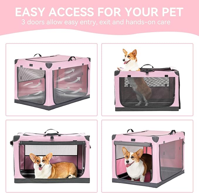 PETSFIT Soft Dog Crate, with Patented Adjustable Fabric Cover, Chewproof & Lockable Mesh Doors, Waterproof Base Collapsible Kennel Pink 30 Inch