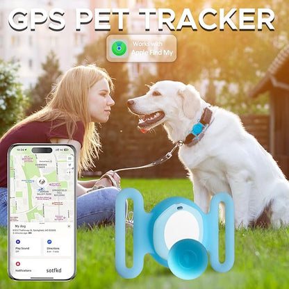 GPS Tracker for Dogs, Mini GPS Pet Tracker with Silicone Cover, IPX8 Waterproof GPS Tracker for Kids,No Monthly Fee,Work with Apple Find My(iOS Only),Dog Tracker Finder Tracker Pets(Blue-L)