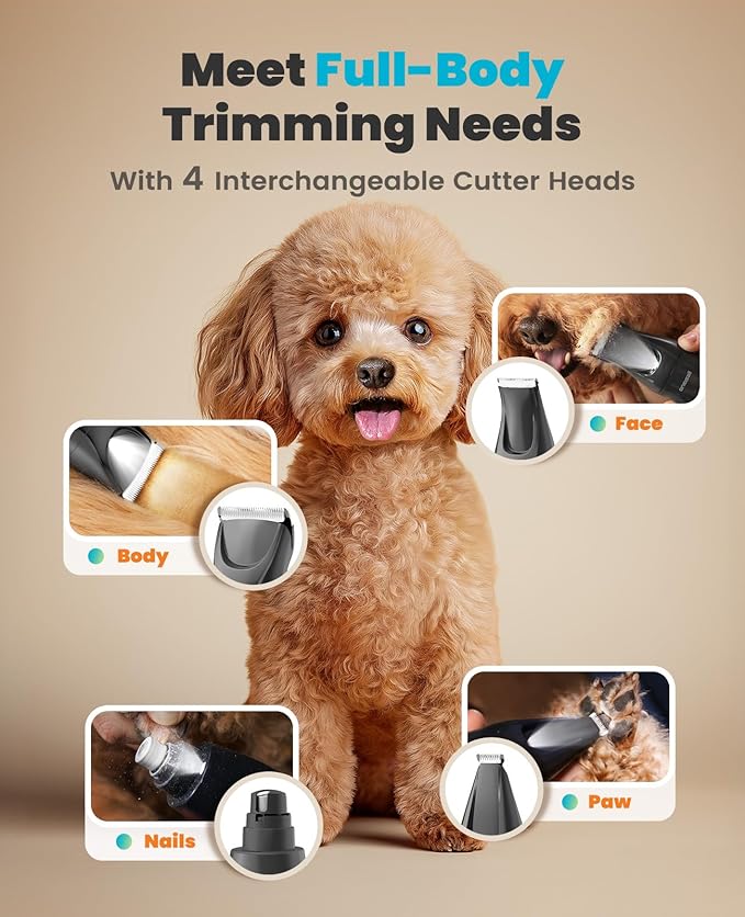 oneisall Quiet Dog Clippers for Grooming, LED Light Dog Paw Trimmer Dog Nail Grinder, Rechargeable 2000mAh Dog Grooming Clippers Cordless Dog Hair Trimmer Electric Dog Trimmer for Paw, Nail, Body