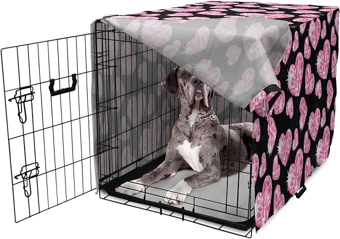 Ambesonne Diamonds Dog Crate Cover, Romantic Pink Heart Stones on Black Background Valentines Day Theme, Easy to Use Pet Kennel Cover for Medium Large Dogs, 48 Inch, Pink Black