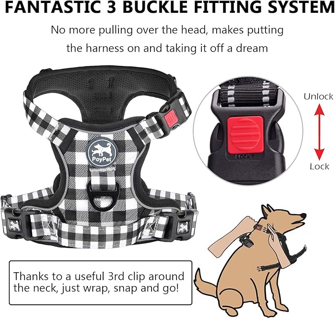 PoyPet No Pull Dog Harness, [Neck Release] Reflective Adjustable No Choke Pet Vest with Front & Back 2 Leash Attachments, Soft Control Training Handle for Small Dogs(Grid,XL)