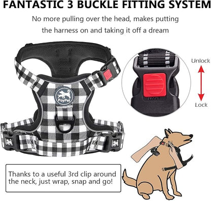 PoyPet No Pull Dog Harness, [Neck Release] Reflective Adjustable No Choke Pet Vest with Front & Back 2 Leash Attachments, Soft Control Training Handle for Small Dogs(Grid,XL)