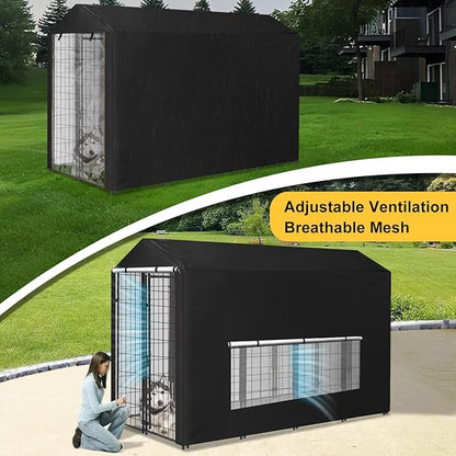 Dog Kennel Cover Large Shade Outdoor Playpen Cover Fully Enclosed Outside Waterproof Dog Crate Cover with Anti-UV Breathable Mesh Window and Clear Pannel for Viewing (Cover only Patent Design)