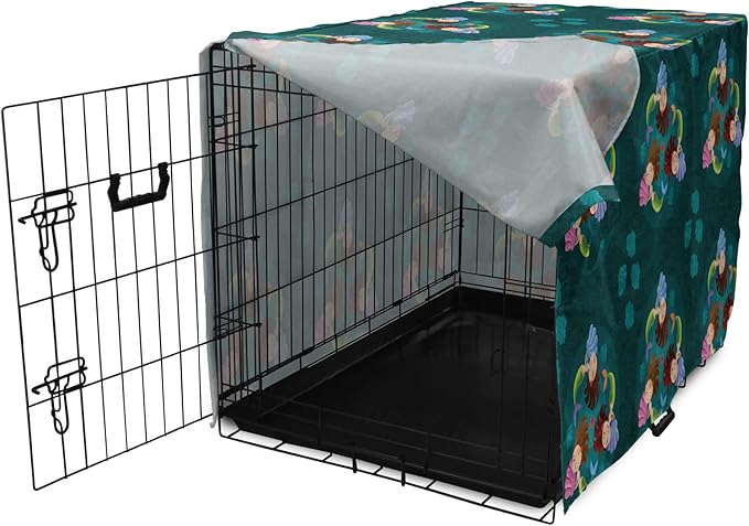 Lunarable Mermaid Dog Crate Cover, Smiling Happy Cheerful Mermaids with Seashells Scallops Exotic Waters Spirals, Easy to Use Pet Kennel Cover for Small Dogs Puppies Kittens, 22 Inch, Teal Multicolor