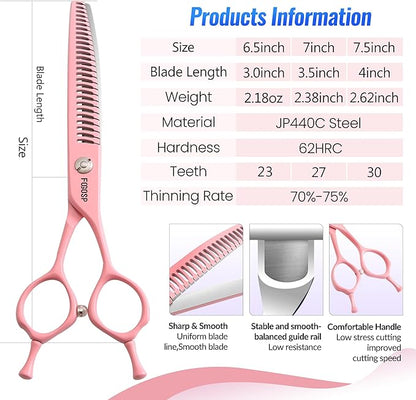 Curved Chunkers Dog Grooming Scissors 7.5" Macarone Series Professional Pet Grooming Shears for Large Dogs Pets Japan 440C Stainless Steel Sharp & Durable(Pink, 30Teeth Curved Thinners)