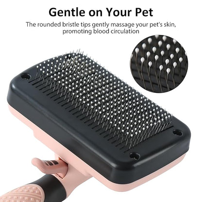 Dog & Cat Hair Brush,Self Cleaning Slicker Brush for Long Short Hair,Shedding & Grooming Pet Brush with Soft Bristle and Release Button,Pink