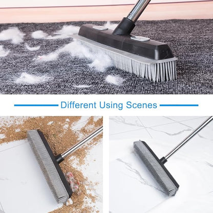 Pet Hair Rubber Broom with Carpet Rake and Squeegee, 2 in 1 Floor Brush for Carpet, 58 inch Adjustable Handle,Silicone Broom Black
