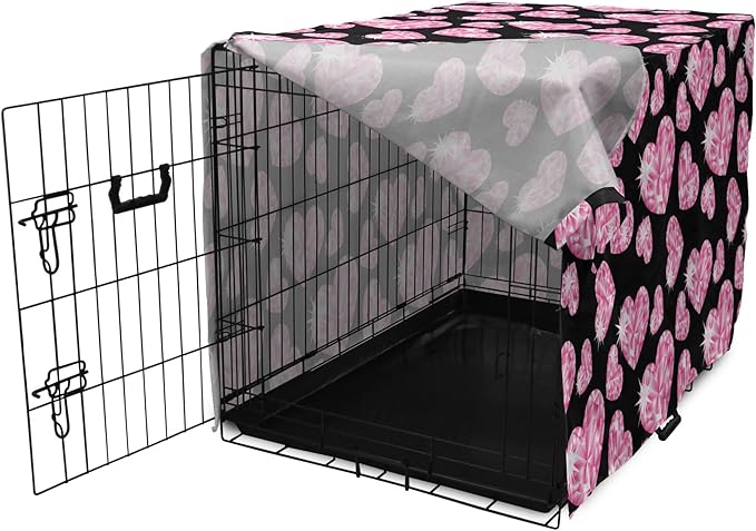 Ambesonne Diamonds Dog Crate Cover, Romantic Pink Heart Stones on Black Background Valentines Day Theme, Easy to Use Pet Kennel Cover for Cats & Medium Dogs, 24 Inch, Pink Black