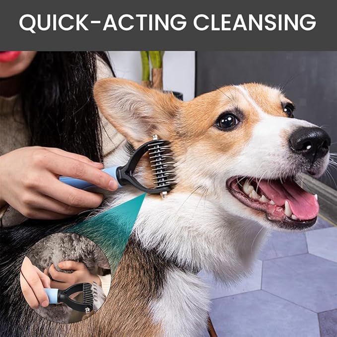 Pet Grooming Brush - Shedding Comb & Dematting Tool for Dogs & Cats, Extra Wide Undercoat Rake for Dog Grooming, Blue