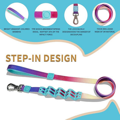 Tri-Color Dog Harness and Purple Pink Gradient Shock Absorbing Dog Leash Set,Step-in Freedom Dog Vest Harness,Strong Padded Handle to Help Stop Pulling for Small Dog Walking and Traning