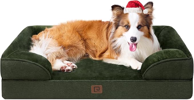 EHEYCIGA Orthopedic Dog Beds for Large Dogs, Waterproof Memory Foam Large Dog Bed with Sides, Non-Slip Bottom and Egg-Crate Foam Large Dog Couch Bed with Washable Removable Cover, Dark Green
