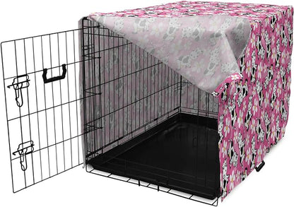 Lunarable Cow Dog Crate Cover, Cartoon Pattern Domestic Farm Animal and Daisy Flowers, Easy to Use Pet Kennel Cover for Cats & Medium Dogs, 30 Inch, Pink Charcoal Grey