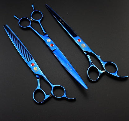 Purple Dragon 8 inch 3 in 1 Professional Pet Grooming Thinning Scissors - Upward Curved Shears and Dog Hair Cutting Scissor - Perfect for Pet Groomer or Family DIY Use (Blue)
