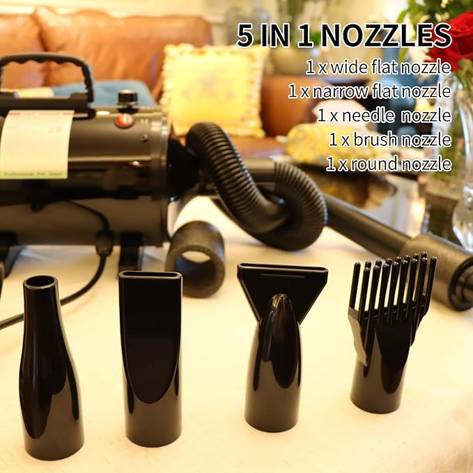 Rovitta Dog Dryer, Dog Blow Dryer, High Velocity Professional Pet Grooming Dryer for Large Dogs, Adjustable Temperature and Speed, 4 Different Exhaust Nozzles, Anti-hot Grip, with Brush
