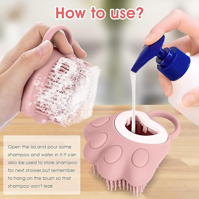 Molain Silicone Rubber Dog Cat Grooming Massage Brush - Hair Fur Cleaning with Soft Shampoo Dispenser (Pink Paw Shape)