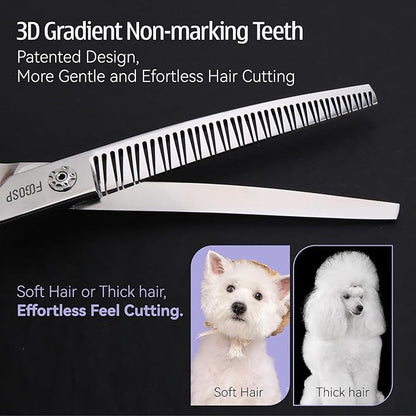 Professional 3D Curved Chunkers Dog Grooming Scissors 7in Magic Thinning Shears for Dogs Pet Cat Light Cutting Feel No Marks Only Fluffy Natural 70% Thinning Rate Japan Alloy Steel(7,3D)