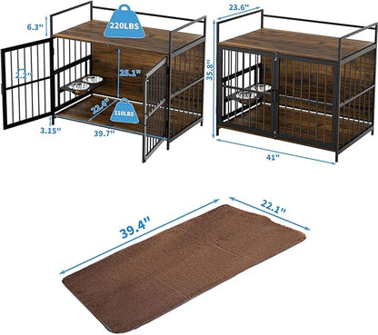 LOVMOR Dog Cage Furniture with Rotating Feeder Bowls, Dog Kennel Indoor with Cushion, Dog Crates for Small and Medium Dogs, 41" L X 23.6" W 35.8" H, Rustic Brown