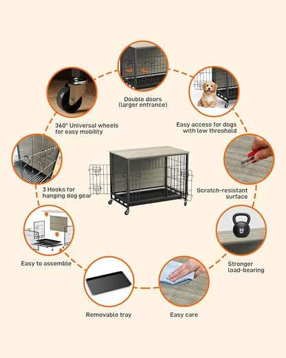 2024 New Dog Crate Furniture, Compact 27.2" Small Dog Dual-Entry Kennel Meets Elegant End Table, Effortless Maintenance, Chew-Resistant, Easy Mobility for Cozy Spaces, Rustic Gray
