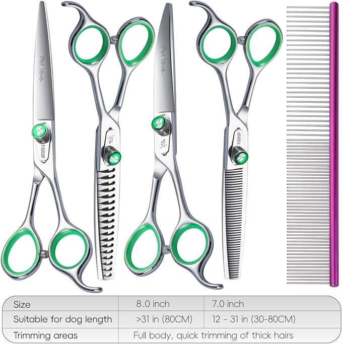 Professional Dog Grooming Scissors Kit 8 in Curved Thinning Straight Chunker Shears and Comb 5pcs Set for Grooming Big Dogs Poodle Pet Japan 440C Stainless Steel