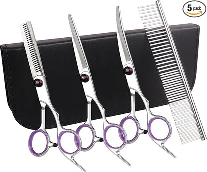Premium Dog Grooming Scissors with Safety Round Tips, 5 in 1 Dog Grooming Scissors Kit, 4CR Stainless Steel Premium Pet Grooming Shears for Dog, Sharp and Durable, Blue