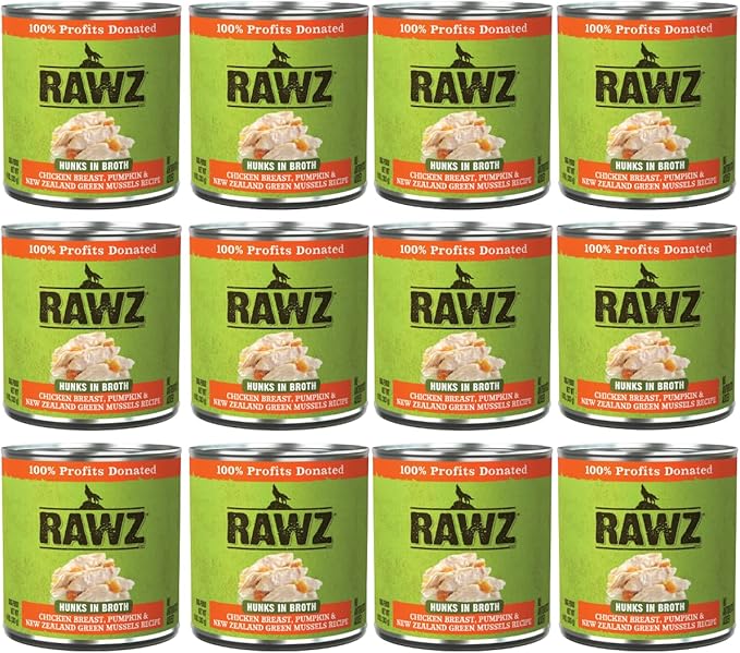 Rawz - in Broth Canned Adult Dog Food (Hunks of Chicken in Broth) with New Zealand Green Mussels - 12 Cans -10 OZ Cans (Chicken&Pumpkin-Hunks)