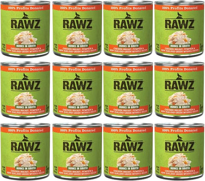 Rawz - in Broth Canned Adult Dog Food (Hunks of Chicken in Broth) with New Zealand Green Mussels - 12 Cans -10 OZ Cans (Chicken&Pumpkin-Hunks)