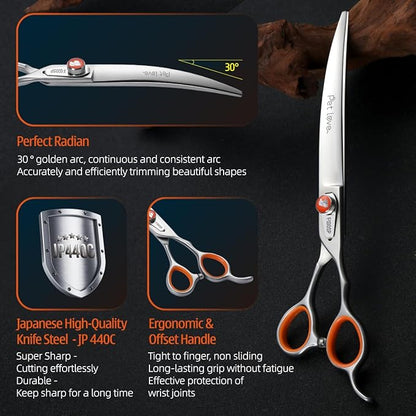 Professional Curved Grooming Scissors for Dogs 8 inch 30 Degree Long Downward Curved Grooming Shears for Poodles Large Dog Pet Japan 440C Super Sharp and Durable