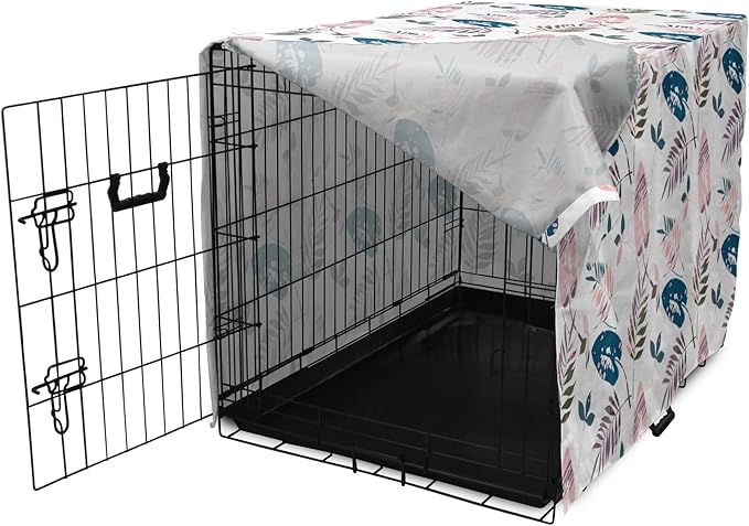 Ambesonne Leaves Dog Crate Cover, Abstract Foliage in Pastel Colors Tropical Jungle Forest Plants with Grunge Effect, Easy to Use Pet Kennel Cover for Medium Large Dogs, 42 Inch, Petrol Blue Baby Pink