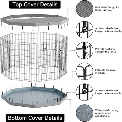PJYuCien Puppy Playpen，8 Panels 42”H Dog Playpen with Gery Bottom Pad and Grey Top Cover，Metal Foldable Dog Exercise Pen for Indoor，Better for Small Pets