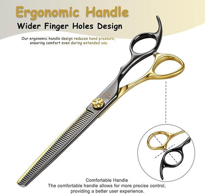 Black & Gold Professional Thinning Dog Grooming Scissors with Decorative Screw Sharp and Durable Japanese 440C Stainless Steel Pet Cat Texturizing Thinner Shears with Safe Round Tip 7.5''