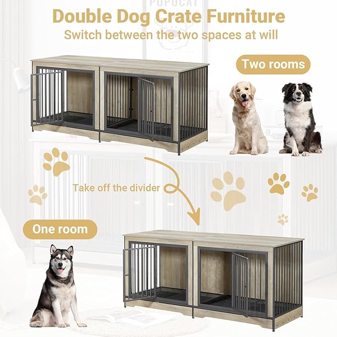 Rovibek 75'' Double Dog Crate Furniture for 2 Large Dogs, Heavy Duty Furniture Style Dog Crates End Table, Wood Crates for Dogs Kennel Indoor with Double Door, Grey