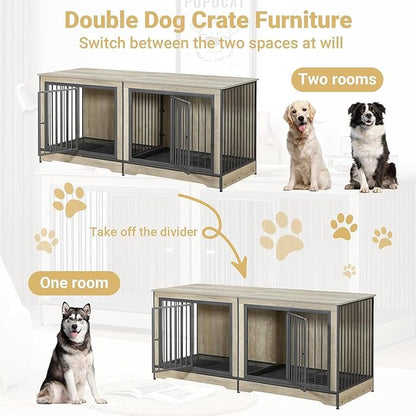 Rovibek 75'' Double Dog Crate Furniture for 2 Large Dogs, Heavy Duty Furniture Style Dog Crates End Table, Wood Crates for Dogs Kennel Indoor with Double Door, Grey