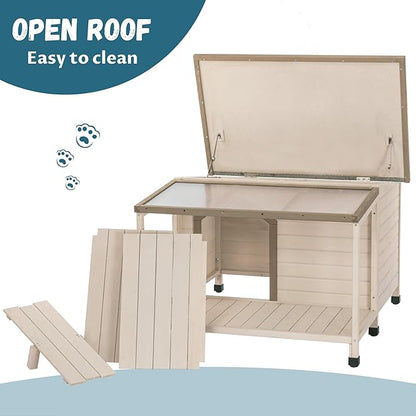 Wood Dog House Outside, Dog House with Open Roof and Terrace Durable Waterproof Doghouse for Small to Medium Dogs-Beige