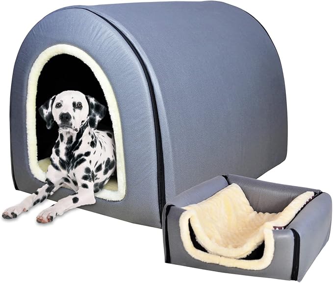 Dog Bed,2 Ways to Use,Indoor Pet House with Fluffy Mat,Removable and Washable Cover,Splash-Proof House and Non-Slip Bottom,for Large Dogs(2XL Grey Faux Leather)
