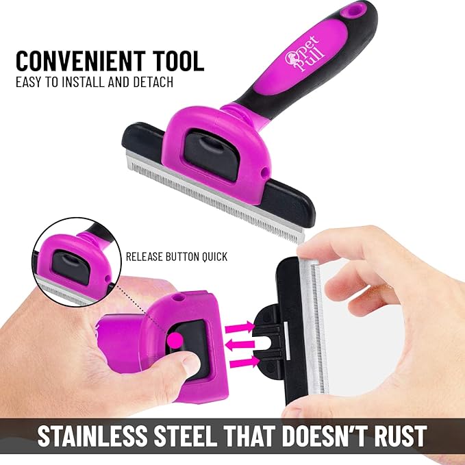 Deshedding and Grooming Tool - Stainless Steel Knot Detangler Comb for Dogs & Cats, Reduces Shedding by 95% (Pink)