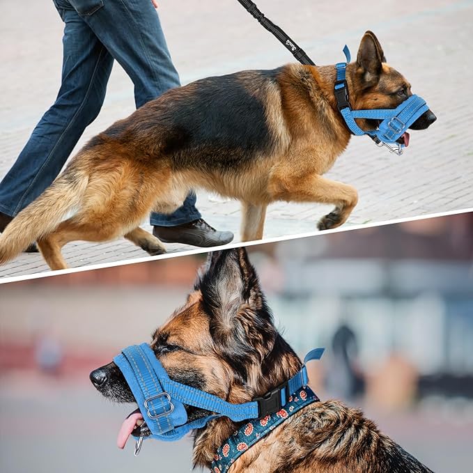 SlowTon Soft Dog Muzzle, Adjustable Padded Nylon Muzzle for Large Medium Dogs Anti Chewing Barking Biting, Allow Dog Pant & Drink (Blue, M)