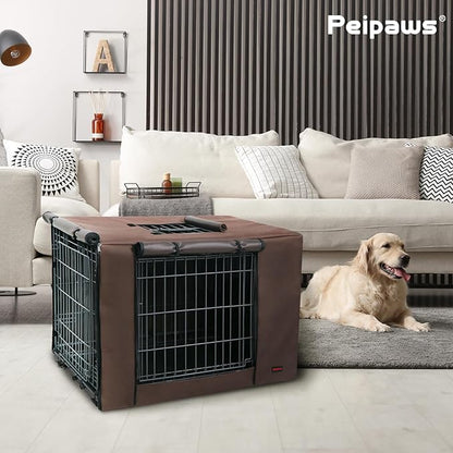 Dog Crate Cover 42 Inch - Waterproof Kennel Cover with Top Window, 600D Oxford Fabric Dog Cage Cover Fit for Most Double Door Wire Crate, Unique Drinking Hole Design, Brown (Cover Only)