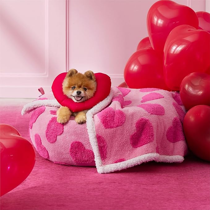 Lesure Waterproof Puppy Blanket for Small Dogs - Washable Double Sided Dog Blankets with Warm Jacquard Shag and Soft Sherpa Fleece, Pet Cat Blanket for Couch Protection, Love Pattern Design，Pink