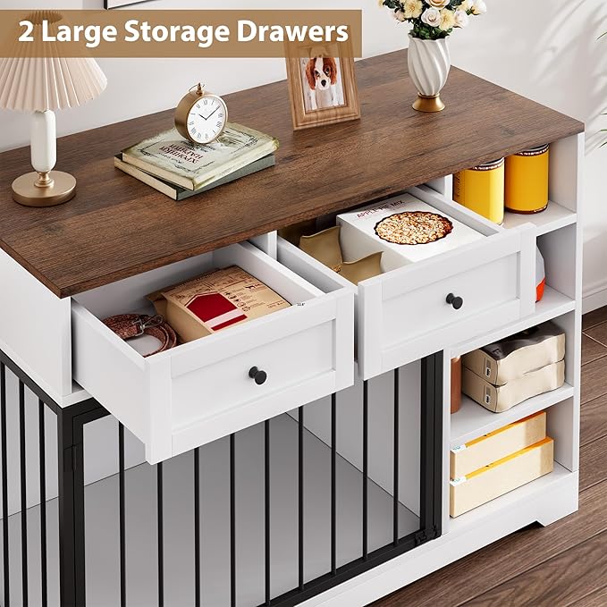 Dog Crate Furniture 47”, Large Dog Crate TV Stand with 2 Drawers and 4 Shelves, Wooden Dog Kennel Indoor, Decorative Dog Cage with Storage for Large Dogs, White