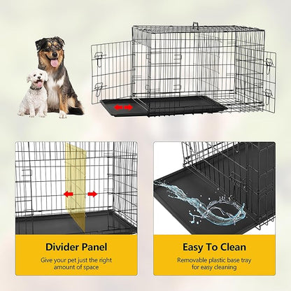 Furniture of America Yucca Metal Double Door Folding Wire Pet Crate with Divider, Removable Tray, and Handle for Outdoor and Indoor Medium Dog, 48-inch, Black