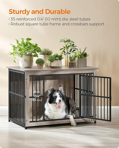 Feandrea Dog Crate Furniture, 38.6" Side End Table, Modern Kennel for Dogs Indoor up to 70 lb, Heavy-Duty Dog Cage with Enclosed Base, Double-Door Dog House, Greige UPFC023G01