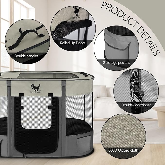 Rest-Eazzzy Dog Playpen, Foldable Kitten Playpen for Medium Dogs, Portable Pet Puppy Playpen with Removable Shade Cover, Indoor Outdoor Travel Camping Use for Small Pets with Carrying Case (L, Grey)