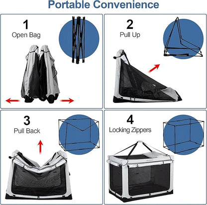 Soft Collapsible Dog Crate - 36 Inch Portable Travel Crate with Extra Space Indoor & Outdoor, 4-Door Foldable Pet Kennel with Durable Mesh Windows, Light Gray