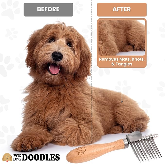 Pet Dematting Comb for Dogs and Cats with Wood Handle, Deshedding Undercoat Rake for Dogs with Stainless Steel Blades, Dog Comb for Detangling Thinning and Shedding [We Love Doodles] (Dematting Rake)