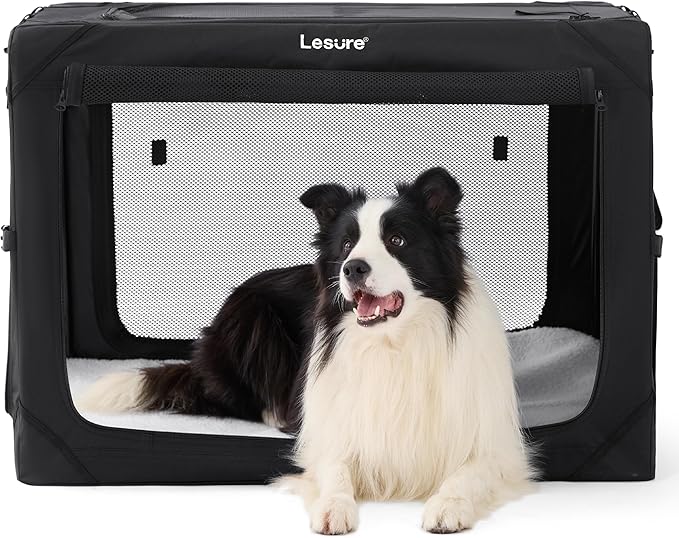 Lesure Collapsible Dog Crate - Portable Travel Kennel for Large Dog, 4-Door Pet Crate with Durable Mesh Windows, Indoor & Outdoor, Black