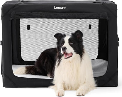 Lesure Collapsible Dog Crate - Portable Travel Kennel for Large Dog, 4-Door Pet Crate with Durable Mesh Windows, Indoor & Outdoor, Black